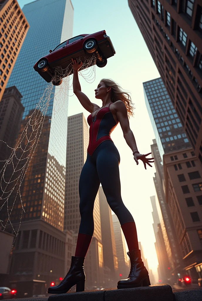 Gwen Stacy fighting Venom between two skyscrapers in New York City, lots of spider webs hanging between the buildings, Low angle shot we see Gwen from behind holding a car with a spider web and venom in the distance towards Gwen to attack