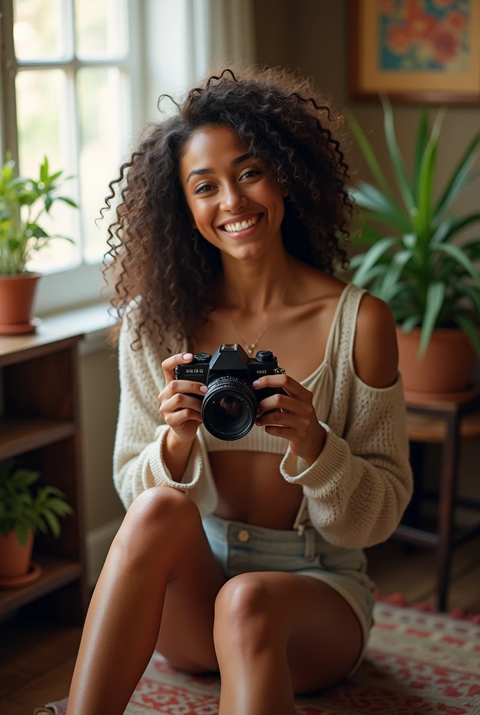A brunette girl with curly hair and big breasts sits with her legs stretched out, taking a realistic photo