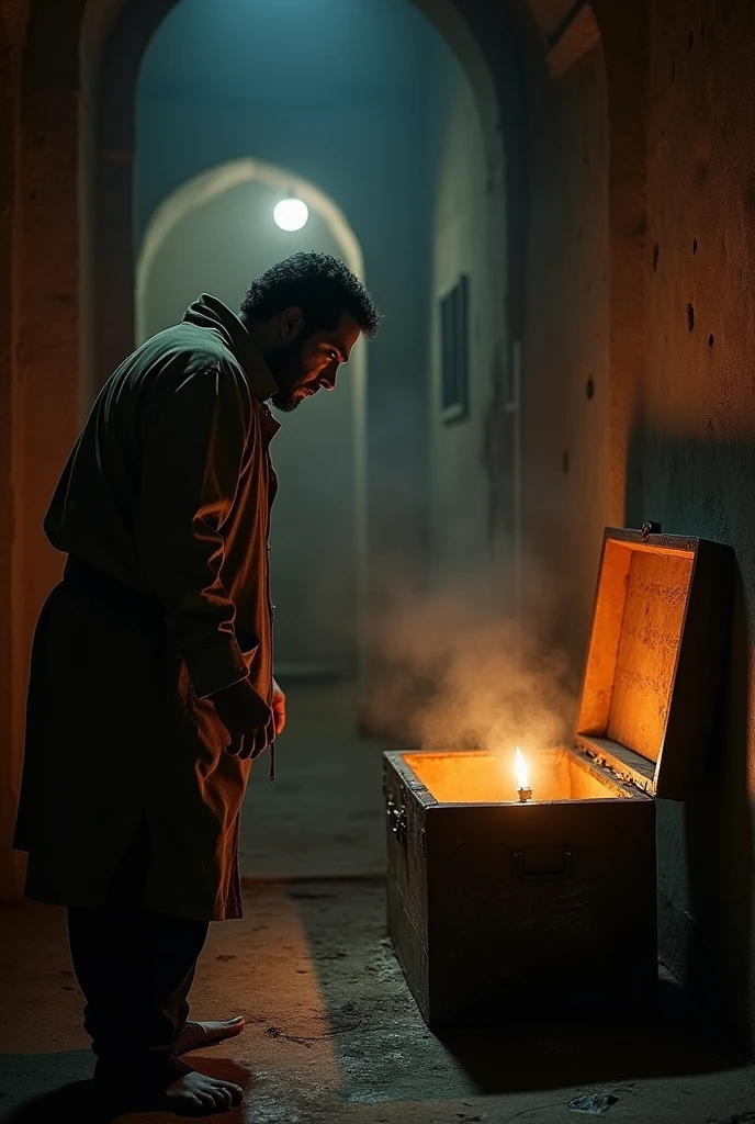 [Scene 4: The Old Chest Opening on Its Own]
Prompt: An old, wooden chest creaking open on its own in the middle of the haveli’s dark room. Inside, a faint glow can be seen, with a mysterious object barely visible. Farhan is startled, ready to run, while Ahmed looks determined to discover what’s inside.