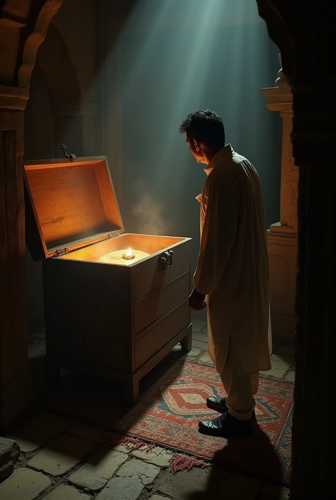 [Scene 4: The Old Chest Opening on Its Own]
Prompt: An old, wooden chest creaking open on its own in the middle of the haveli’s dark room. Inside, a faint glow can be seen, with a mysterious object barely visible. Farhan is startled, ready to run, while Ahmed looks determined to discover what’s inside.