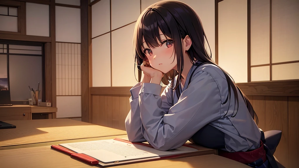 A Japanese high school girl with headphones is sitting sideways at a desk in a room with a traditional Japanese design. She is focusing on a laptop or monitor in front of her, with her face slightly angled downward and her gaze directed at the screen at a 45° downward angle. The laptop or monitor is plain with no visible logo on the back. The room features minimalist Japanese decor, with clean lines, tatami mats, and wooden elements. A large window shows a rainy view of a quaint Japanese downtown, with narrow streets, traditional buildings, and softly glowing lanterns. The lighting is warm and ambient, with a simple desk lamp illuminating her workspace. The overall atmosphere is cozy and serene, combining the charm of traditional Japanese culture with a modern setting.