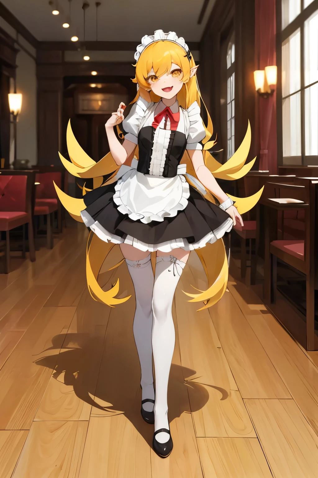 masterpiece, best quality, highres, aashinobu, aged down, long hair, pointy ears, maid headdress, mini-skirt maid, standing, lace stockings, black pumps, full body, smile, fang, indoors, restaurant