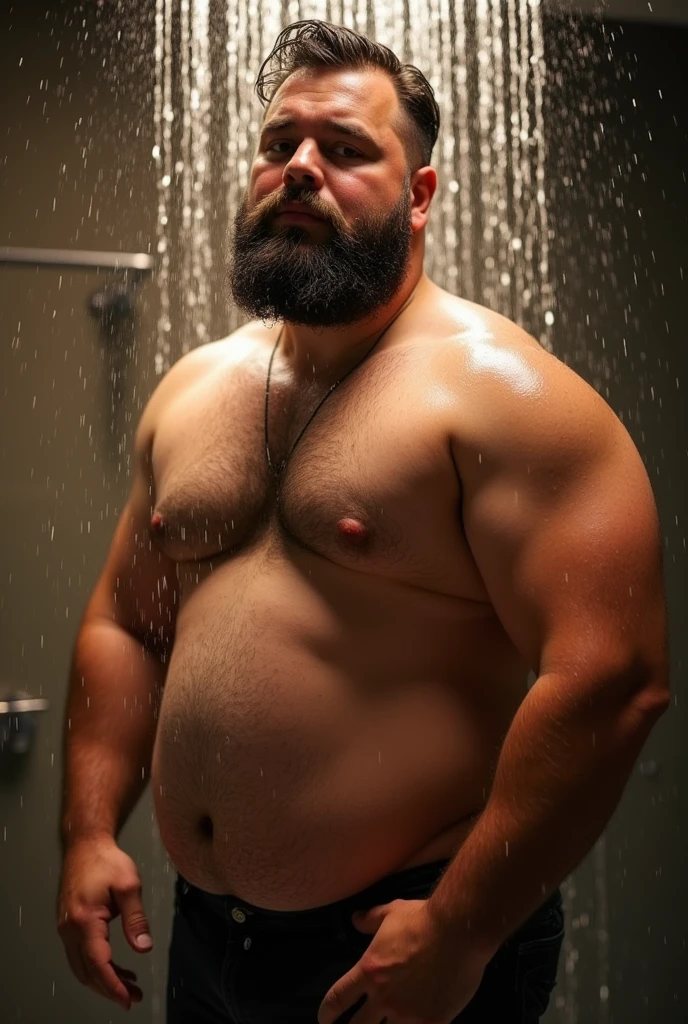 a beautiful chubby man weighing about 90kg, young man of about 30 years old, bearded, he is hairy, he is naked taking a shower, photo in a sensual pose, gay man shoot