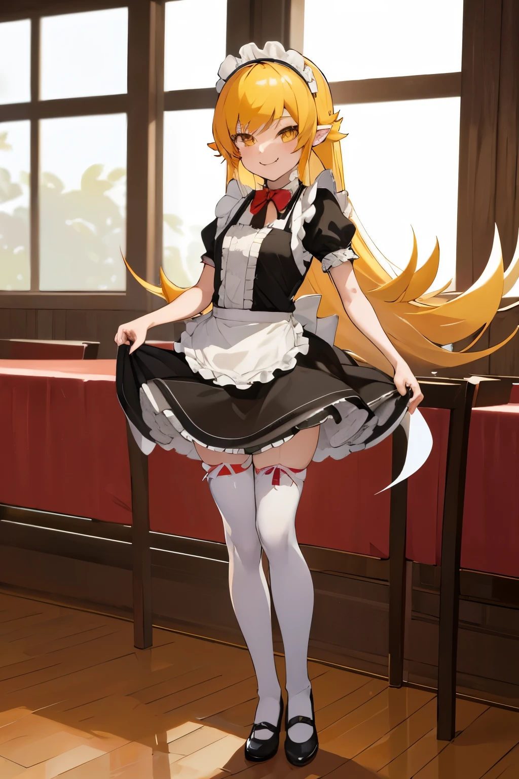 masterpiece, best quality, highres, aashinobu, aged down, long hair, pointy ears, maid headdress, mini-skirt maid, standing, lace stockings, black pumps, full body, smile, fang, indoors, restaurant