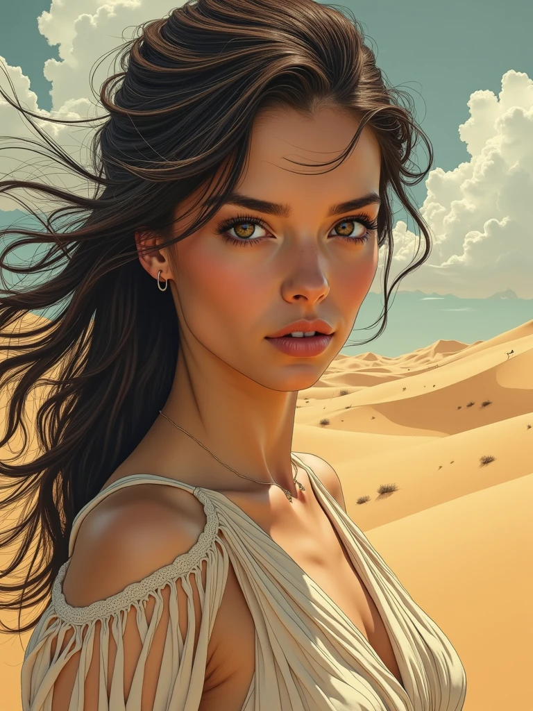 “A gorgeous woman, Melancholy eyes, Walking in the desert, with a close-up face, in the style of surrealist manga, moosa al halyan, seaside vistas chris ware, black and white yuki katsura.”