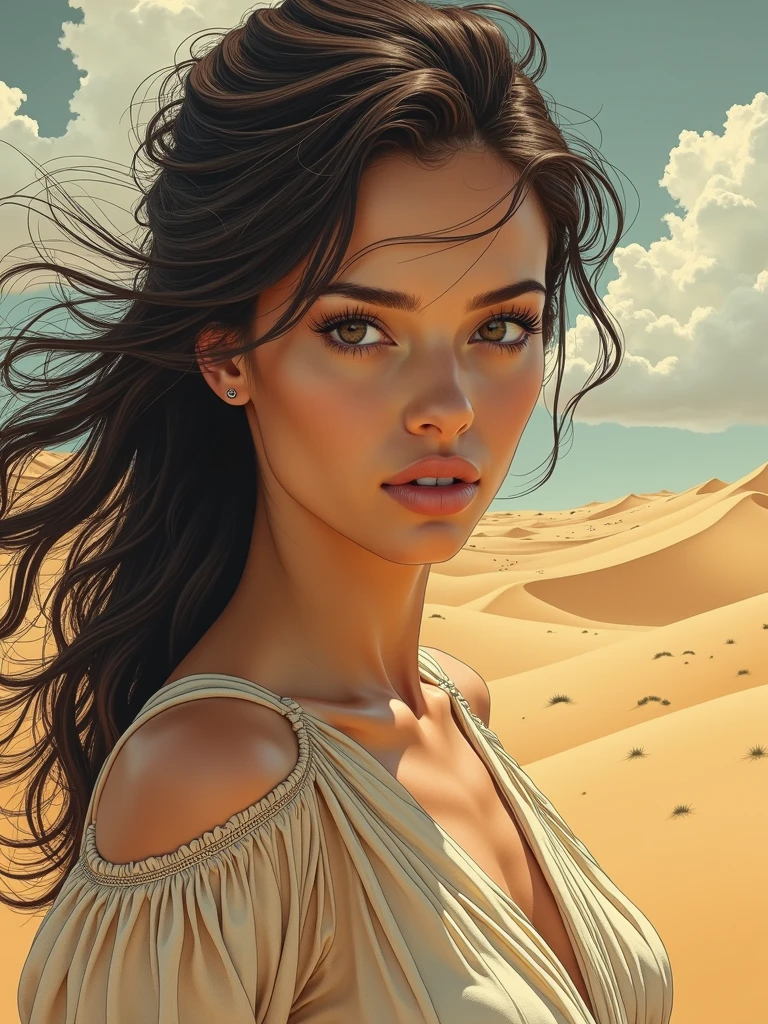 “A gorgeous woman, Melancholy eyes, Walking in the desert, with a close-up face, in the style of surrealist manga, moosa al halyan, seaside vistas chris ware, black and white yuki katsura.”