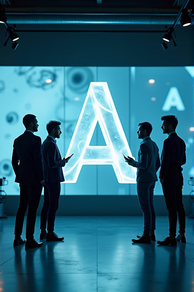3D Autodesk Maya logo. 5 man analyzing the logo.