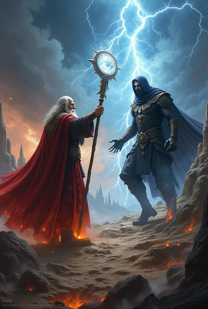 Follow the following instructions to the letter:
Create an image of an epic battle between the wizard Elminster Aumar and Szass Tam
