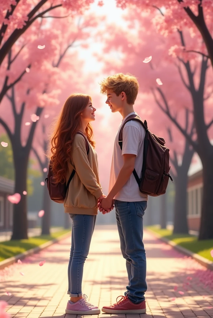 Two teenage lovers holding hands smiling at a school 