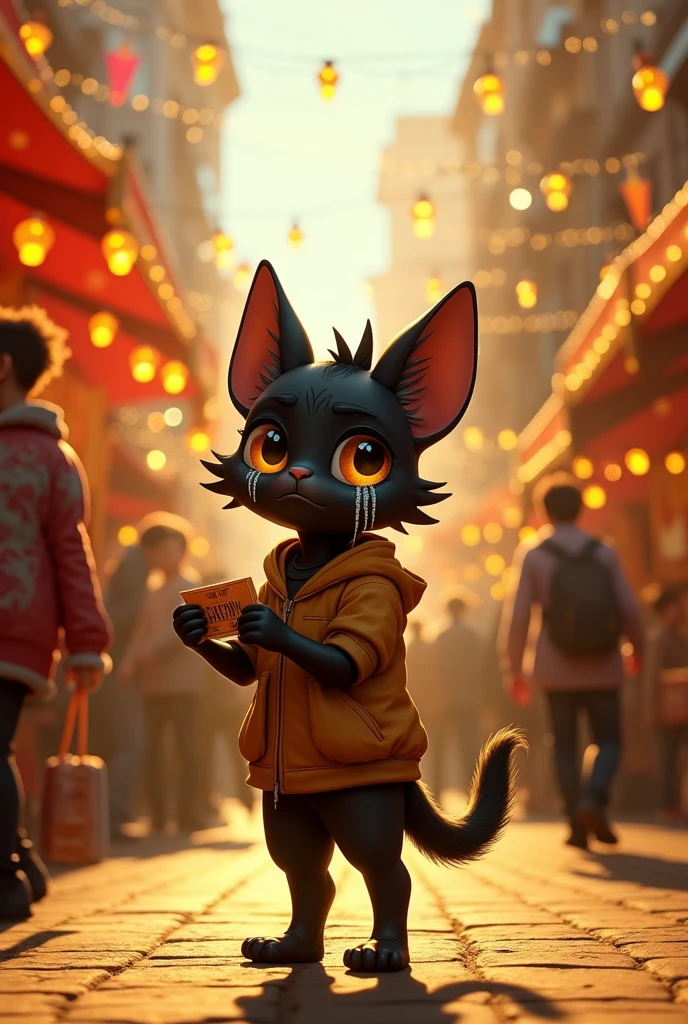 Make a boy( blacksad) crying silver tears , in a street fair of the most beautiful dry gold