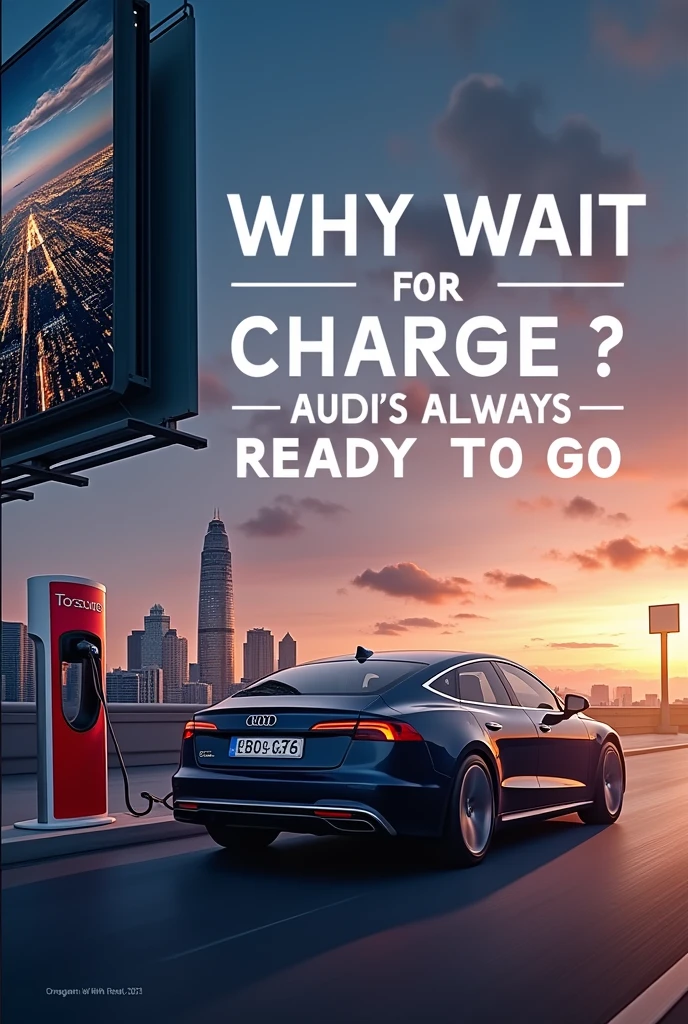 Here’s a prompt to create an AI image for your Audi advertisement:
**"Create an image featuring a sleek Audi car parked next to an electric charging station where a Tesla is plugged in and charging. The Tesla should have a visible charging cable connected, while the Audi is shown driving off confidently into the distance. The background should include a scenic cityscape or open road to emphasize the freedom and readiness of the Audi. The tagline 'Why Wait for Charge? Audi's Always Ready to Go' should be prominently displayed in a bold, modern font, integrated into the scene, possibly on a billboard or as part of the sky. The overall atmosphere should evoke a sense of immediacy, power, and the thrill of instant mobility."**