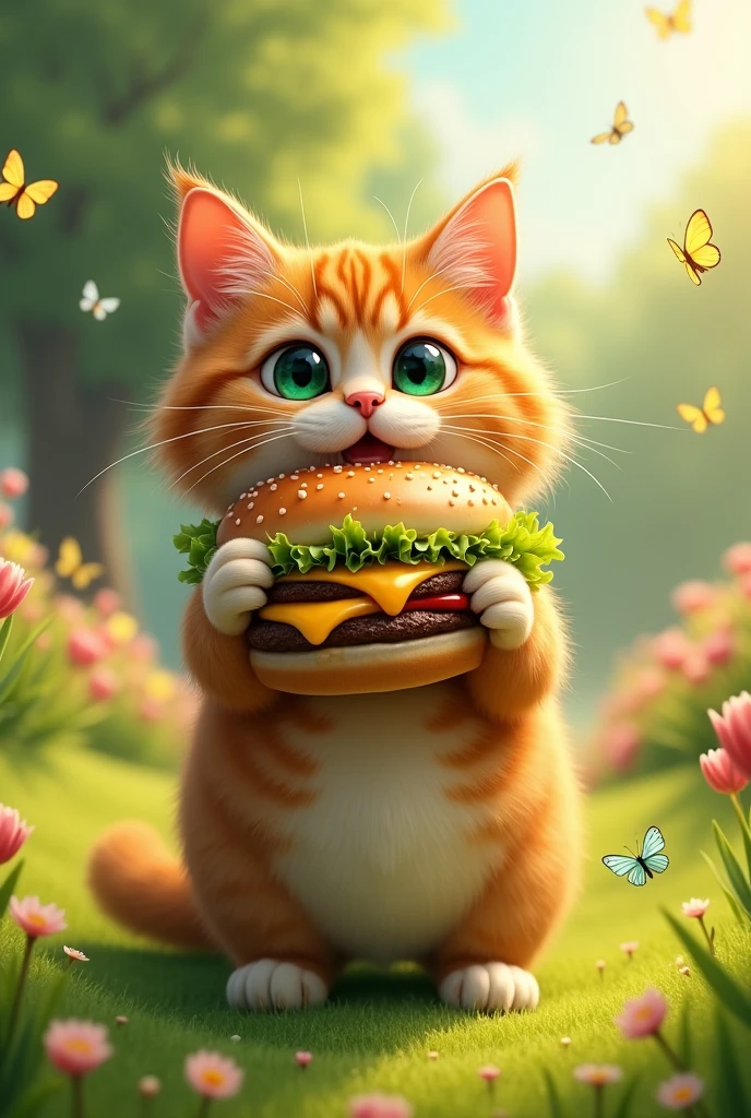 Far Cat holding a cheese burger from McDonalds