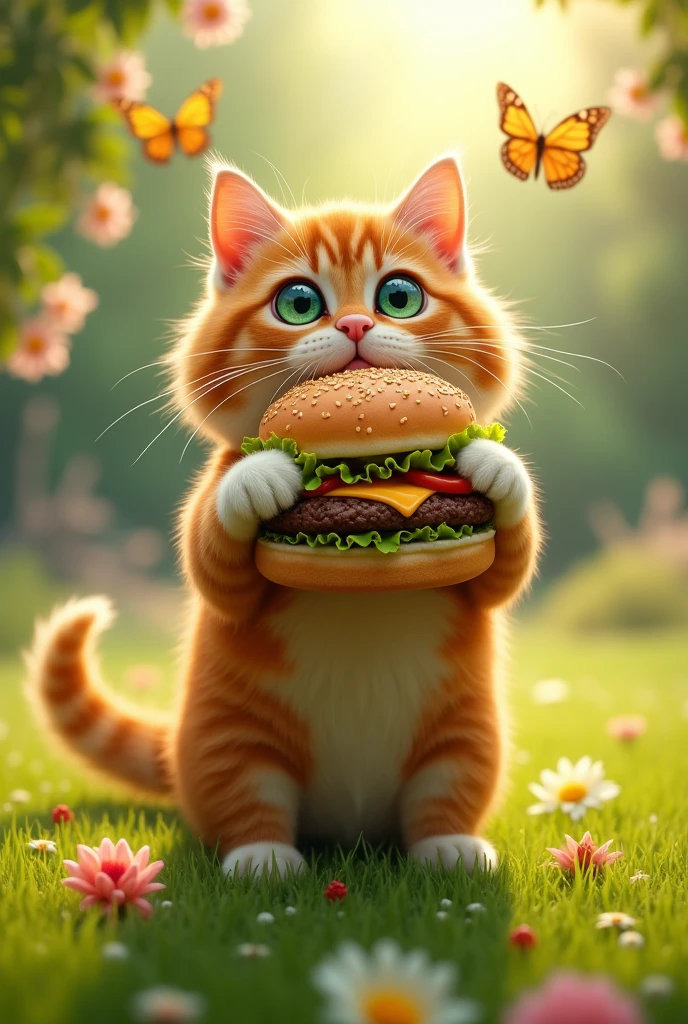 Far Cat holding a cheese burger from McDonalds