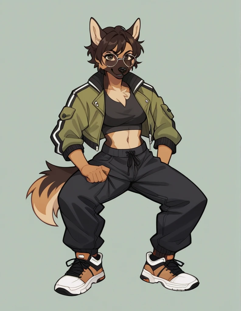 独奏, score_9, score_8_up, score_7_up, score_6_up, score_5_up, source_アニメ, score_4_up, German Shepherd Anthro, Female One, perfectbody, Medium chest, chestnut hair, white streak in bangs, brown dark eyes, cropped preto, elongated fur-lined jacket, baggy pants (black pants), looking at the viewer, round glasses (white glasses), black sneakers (brown sneaker sole)