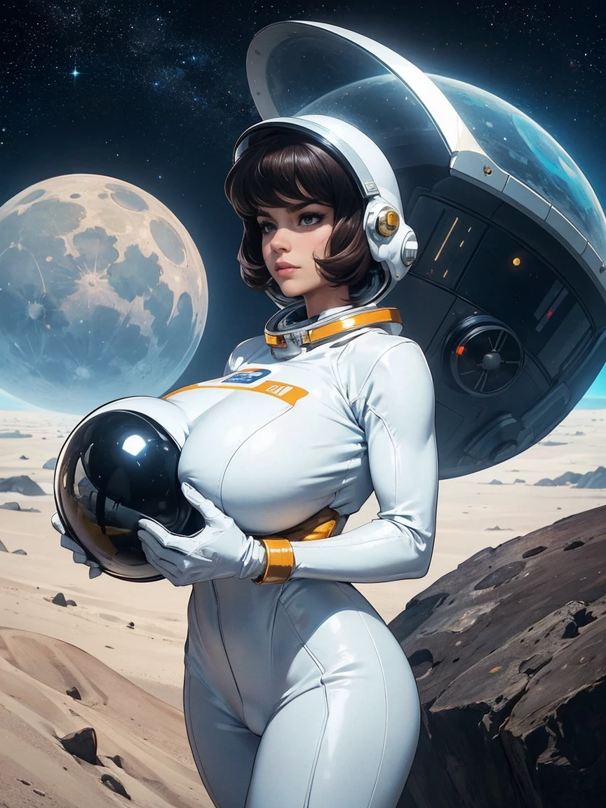 Gorgeous and sultry busty athletic (thin) astronaut with sharp facial features wearing a white space suit, opaque space helmet, gold visor, spacesuit, bodysuit, ray gun, jetpack, spaceship, 1960's, space, lunar surface, moon, earth rise, Earthrise, space, stars, American flag, huge boobs