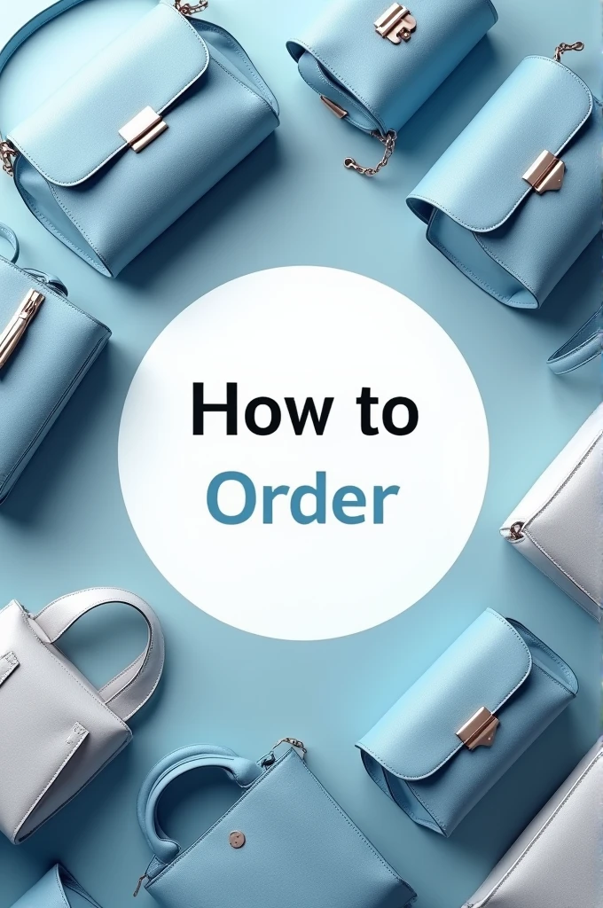 Creat a realistic image full of luxury bags around the cicle and write "how to order" in the center of the image in circle. Theme should be sky blue and white