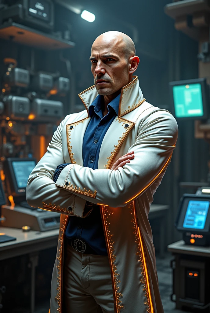 You are going to make a fusion of these characters, He is a man with the characteristics of Dr. Starline, Dr stockman, Arnim Zola, Assistant Black.
Just a character. Use a white violet gold brown color scheme