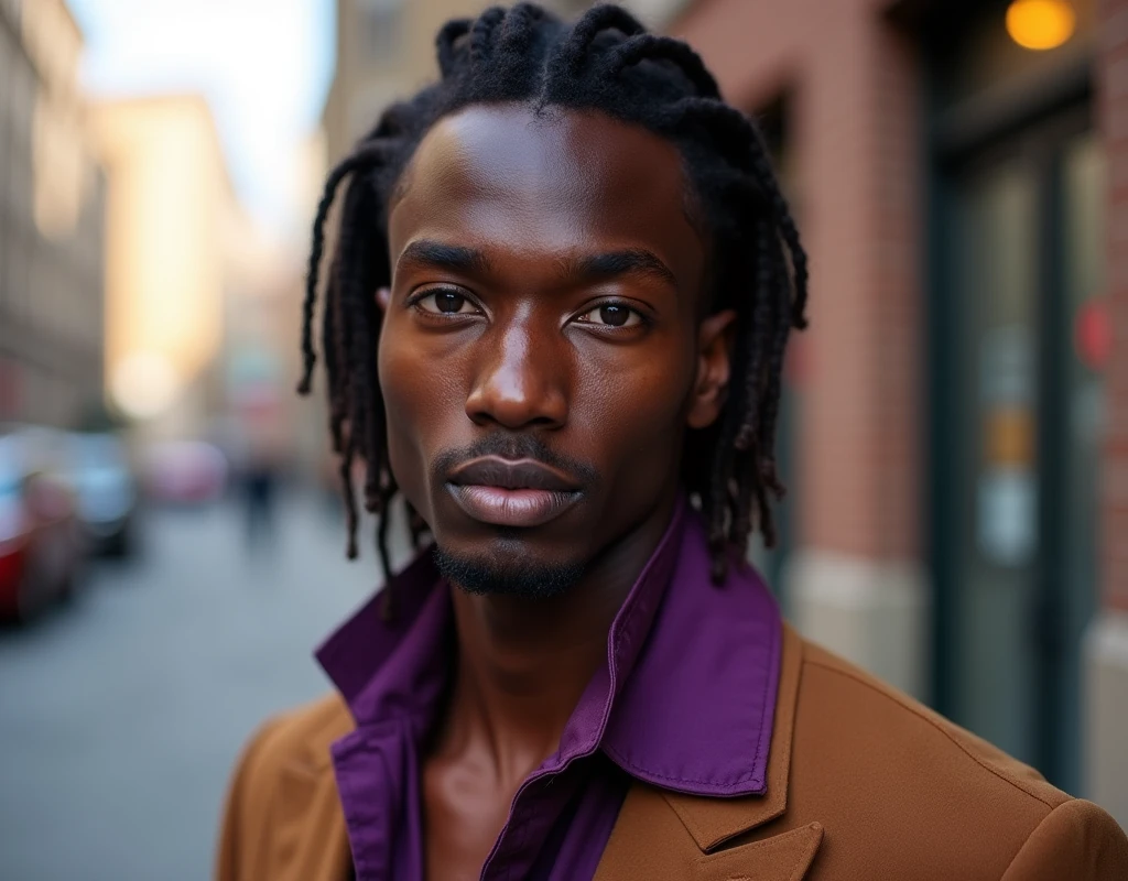 headshot of a very tall French-Nubian featured male model, straight hair parted to the side hair, toned body, ebony skin, vibrant purple eyes, tall thin toned body. Kind expression. Wearing brown and purple clothes.