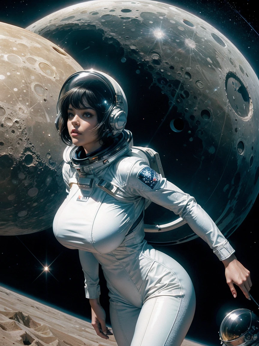 Gorgeous and sultry busty athletic (thin) astronaut with sharp facial features wearing a white space suit, opaque space helmet, gold visor, spacesuit, bodysuit, ray gun, jetpack, spaceship, 1960's, space, lunar surface, moon, earth rise, Earthrise, space, stars, American flag, huge boobs