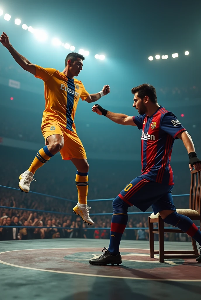 cristiano ronaldo, muscular athletic man, wearing soccer jersey, jumping, messi, wearing soccer jersey, powerful punch, wwe stage, holding chair, fight scene, realistic, cinematic lighting, dynamic action pose, dramatic, hyper detailed, photorealistic, 8k, high resolution, cinematic, sharp focus, masterpiece