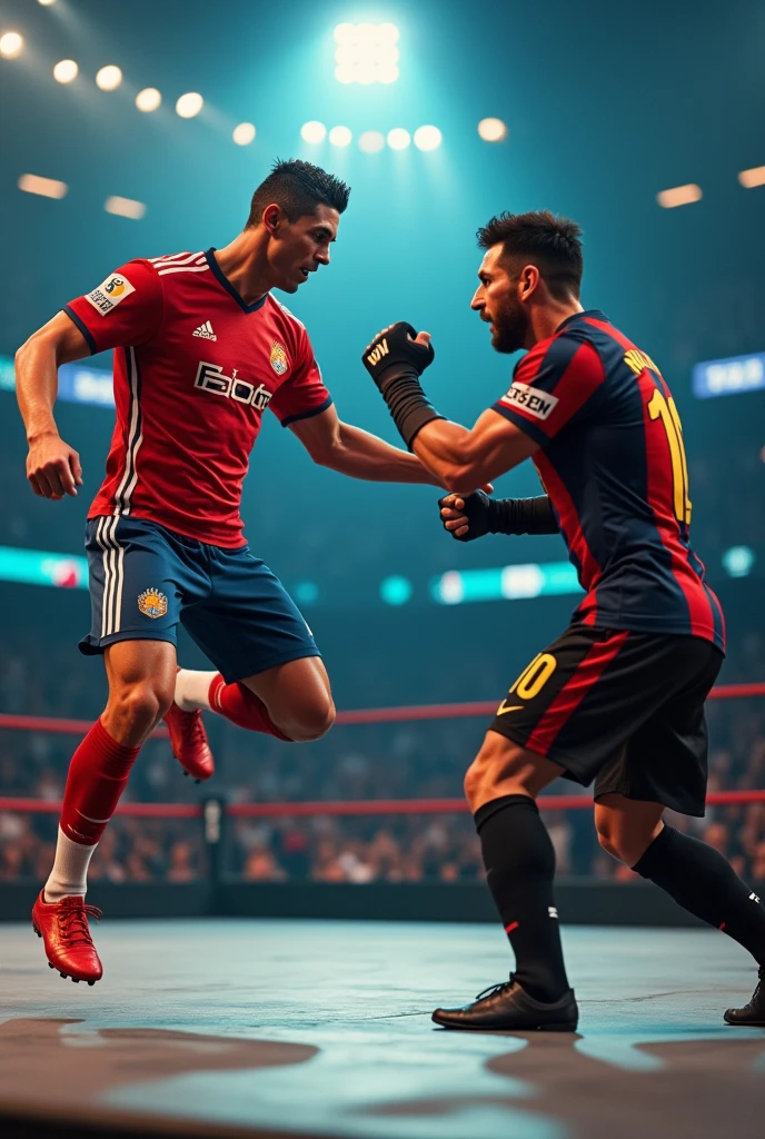 cristiano ronaldo, muscular athletic man, wearing soccer jersey, jumping, messi, wearing soccer jersey, powerful punch, wwe stage, holding chair, fight scene, realistic, cinematic lighting, dynamic action pose, dramatic, hyper detailed, photorealistic, 8k, high resolution, cinematic, sharp focus, masterpiece