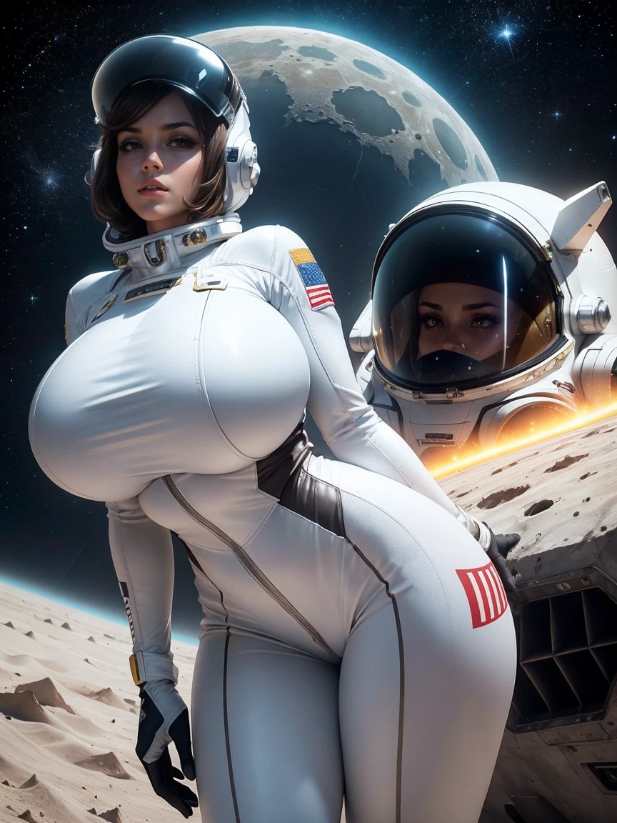 rear angle, Highly detailed RAW color Photo, Rear Angle, Full Body, of (female space soldier, wearing orange and white space suit, helmet, tined face shield, rebreather, accentuated booty), outdoors, (looking up at advanced alien structure, on alien planet), toned body, big butt, (sci-fi), (mountains:1.1), (lush green vegetation), (two moons in sky:0.8), (highly detailed, hyperdetailed, intricate), ((DAY TIME)), (lens flare:0.7), (bloom:0.7), particle effects, raytracing, cinematic lighting, shallow depth of field, photographed on a Sony a9 II, 50mm wide angle lens, sharp focus, cinematic film still from Gravity 2013, from behind