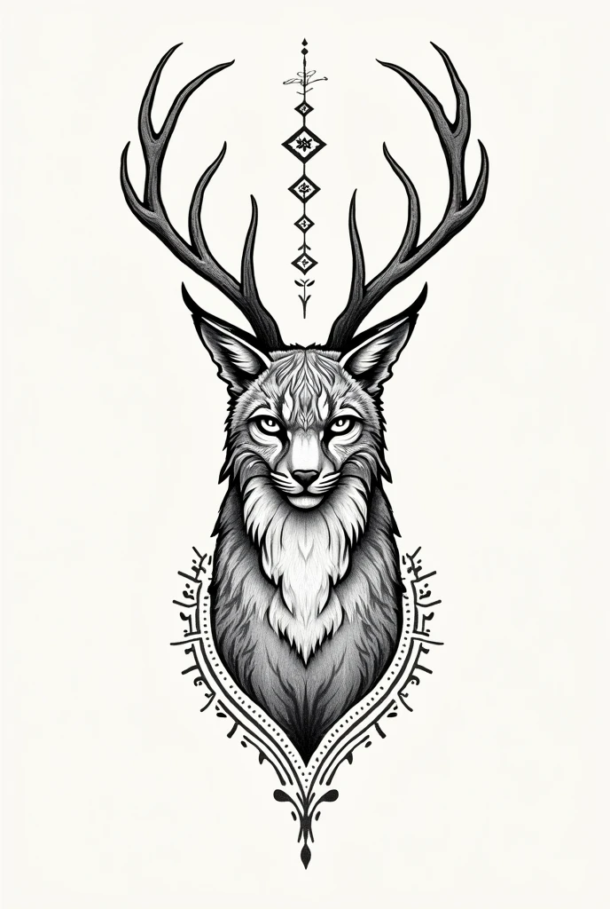 Could you create a sketch of a tattoo with just lines for the forearm of a lynx with deer antlers?, also with Nordic symbols 