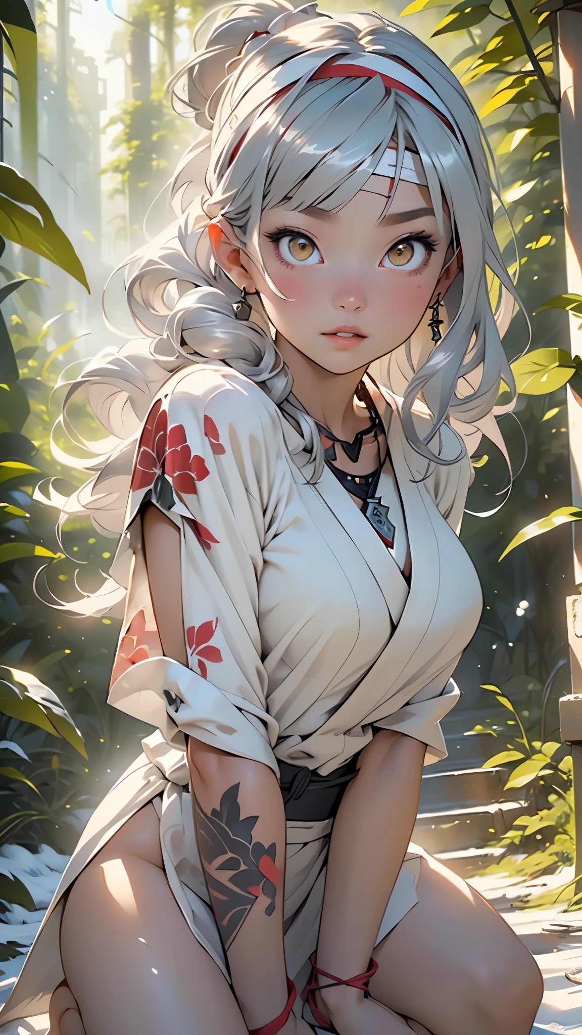 cute albino girl,(((1girl))),((albino girl with extremely cute and beautiful white hair)),
(small :1.4),(((white hair:1.35,colored inner hair,ear breathing,small white hair,tomboy haircut))),((heterochromia:1.5, (aqua_eye and white_eye))),intricate eyes,beautiful detailed eyes,symmetrical eyes,((fat)),(((pale skin,lustrouin:1.5,bright skin: 1.5,shiny skin,very shiny skin,shiny body,plastic glitter skin,exaggerated shiny skin,illuminated skin,wet legs))),(spider lower abdomen,narrow waist,wide hip,athletic body,inflated legs, thick thighs,detailed body,(detailed face)),
cute,slutty,seductive,erotic,(((n,
(adventure girl),(((wearing white adventure robe,white thongs))),(((huge cleavage))),((wet,intricate outfit,intricate clothes)),
(dynamic pose:1.0),solo focus,embarrassed,(centered,scale to fit dimensions,Rule of thirds),
((pine forest)),scenery:1.25,((intricate scenery)),((forest background)),
(Glossy forest ornaments),highres,sharp focus,(ultra detailed,extremely detailed),(photorealistic artwork:1.37),(extremely detailed CG unity 8k wallpaper),(((vibrant colors,vibrant theme))),(intricate),(masterpiece),(best quality),artistic photography,(photography taken by sldr),(intricate background),perfect rendered face,perfect face details,realistic face,photo realistic,((intricate detail)),(((realism))),