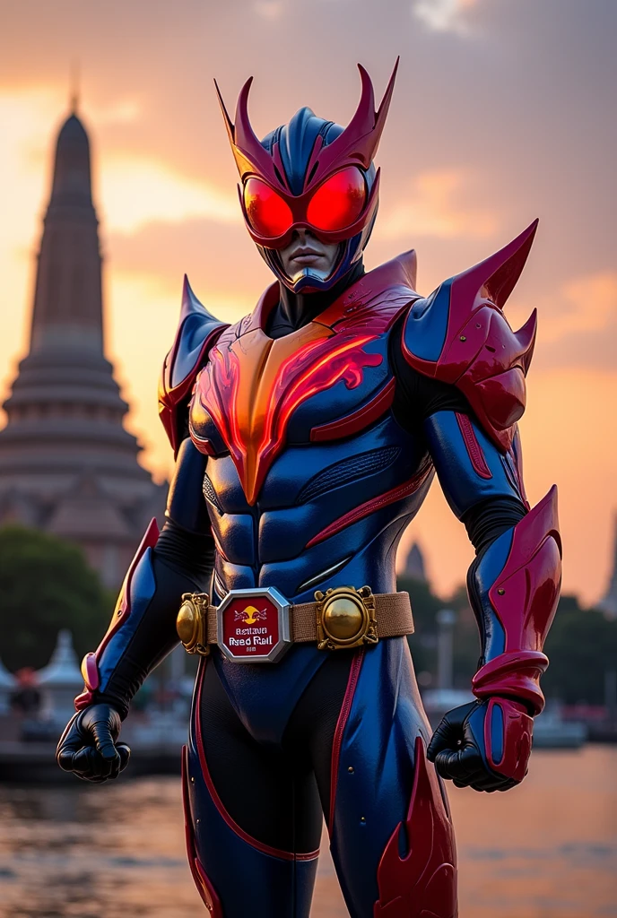 Kamen Rider's outfit is based on the Red Bull energy drink. He stands in front of Wat Arun.