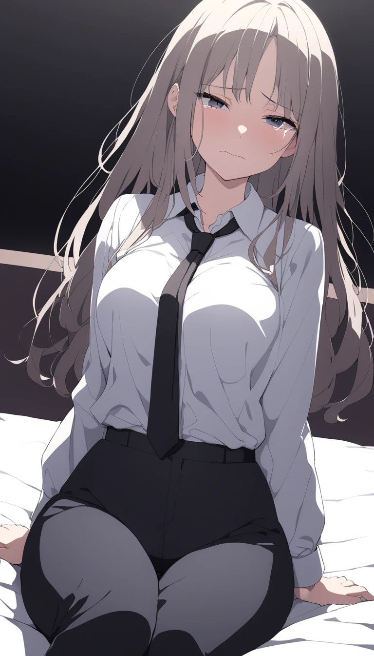 solo, Adult woman, medium breasts, curvy body, medium shot on person suffering from anxiety, cry face, a woman showing sadness, a woman sitting in bed, white shirt, black tie, Long-sleeved shirt, black trousers, dynamic angle. no light source, dark background, night days, dark hotel bedroom background,