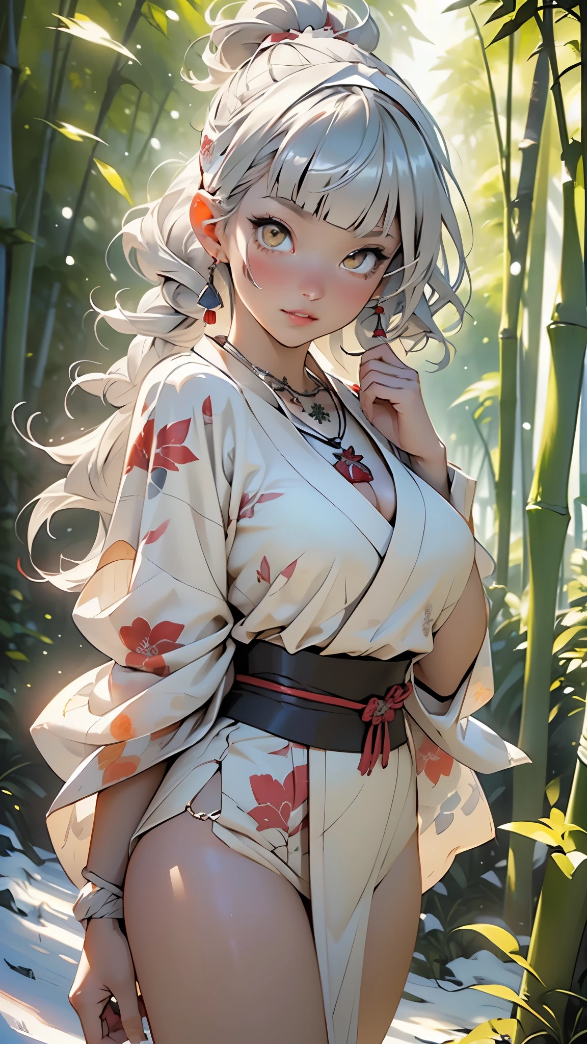 japan girl from ancient Japan,1girl,
(large breasts:1.4),((((hair tied back and bangs hanging,(silver hair))))),(((yellow_eyes:1.3))),intricate eyes,beautiful detailed eyes,symmetrical eyes,((((lustrous skin:1.5,tanned skin,bright skin: 1.5,skin tanned,shiny skin,very shiny skin,shiny body,Reflective skin)))),(spider lower abdomen,narrow waist,wide hip,athletic body,inflated legs,thick thighs,(detailed face)),beautiful detailed lips,
cute,slutty,sensual,seductive look,seductive,((erotic)),opulent,sumptuous,((nsfw)),
((red kimono and Japanese warrior armor:1.2)),(kimono,half-naked kimono:1.5,winter print kimono),(White headband:1.5),(winter necklace:1.5),
(flirtatious pose:1.3), looking at viewer,embarrassed,centered,scale to fit dimensions,Rule of thirds,
outdoors,(waterfall,bamboo,river,snow bamboo forest,japanese temple,red lanterns burning,temple in the snow forest,mossy stairway in the temple,dilapidated temple,bamboo sanctuary,),scenery,extremely scenery,winter,scenery:1.25,((intricate scenery)),((snow bamboo forest background)),
(Glossy winter ornaments),highres,sharp focus,(ultra detailed,extremely detailed),(photorealistic artwork:1.37),(extremely detailed CG unity 8k wallpaper),(((vibrant colors,vibrant theme))),(intricate),(masterpiece),(best quality),artistic photography,(photography taken by sldr),(intricate background),perfect rendered face,perfect face details,realistic face,photo realistic,((intricate detail)),(((realism))),