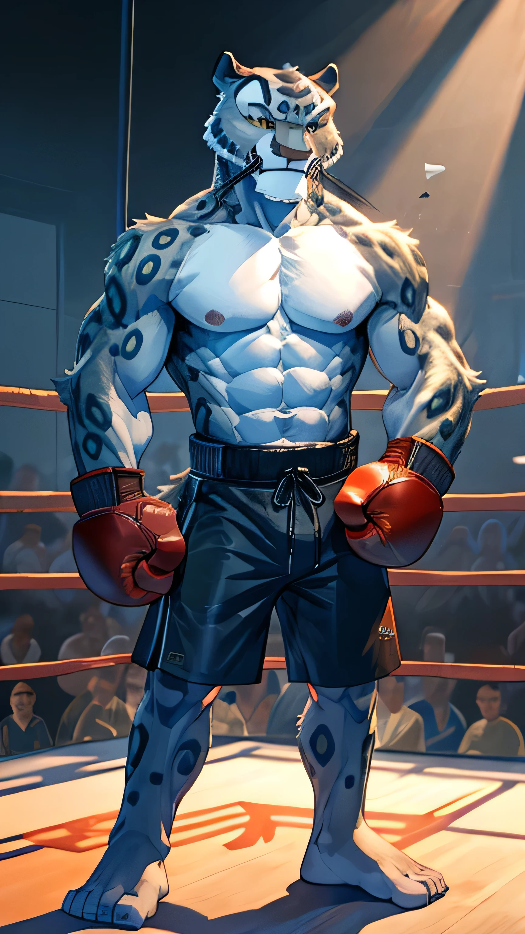 Kung Fu Panda cartoon, furry snow leopard Tai Lung, tall, slender, handsome, perfect detailed eyes, perfect detailed pupils, perfect detailed face, extremely beautiful face, muscular body, six pack abs, gentle look, shirtless, boxing gear, blue shorts, bare feet, boxing gloves, standing in the boxing ring, fighting stance