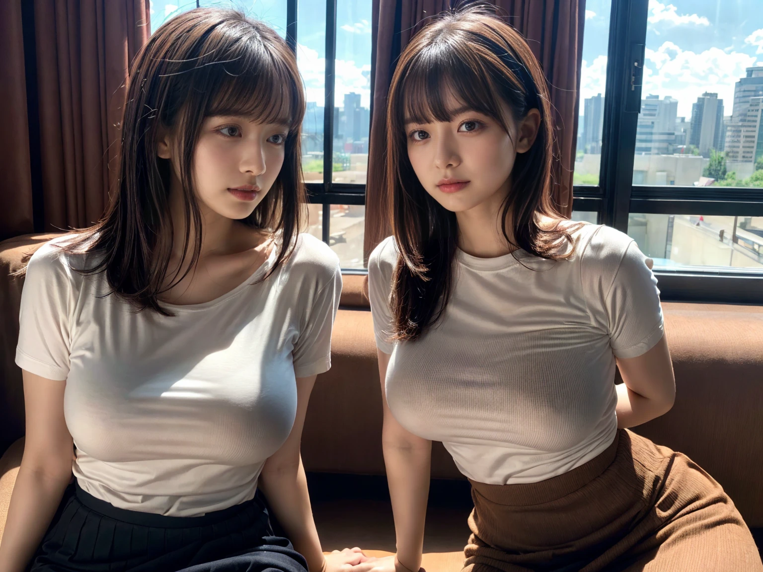 (RAW photo, 4k, masterpiece, high resolution, extremely complex) (realistic: 1.4), cinematic lighting
((2 girls)),crying a little、Beautiful makeup,glitter makeup,Cutest 18 years old,round eyes,blunt bangs,(straight hair:1.3),black hair,large breasts,wide hips,Summer Noon,cute type、ta,Hot, (Best Quality), (Highres), (an Extremely Delicate and Beautiful),(Beautiful 8k face),(Brown eyes),short bob hair,( spectators),(gigantic breasts),(Play with each other,Touching each other's bodies,Touching the body),(Women wear tight t-shirt and skirt.:1.3),(reality),bright lighting,(The background is a luxury hotel room)