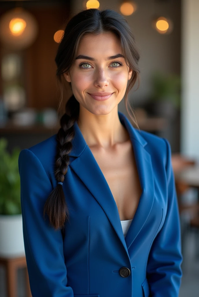 Create a highly realistic and detailed portrait of a young Italian woman with long, black hair braided into a ponytail. She has bright blue eyes and a natural, warm smile. Her face is youthful with some natural imperfections that add to her charm. She is not wearing makeup, showcasing her authentic beauty. The woman has a slim figure with a full chest and is dressed in an elegant, tailored blue suit. The background is a modern, upscale urban setting, such as a chic café or a stylish office lobby, with soft, natural lighting that emphasizes the realism and detail of her appearance, including the texture of her clothing and the subtle features of her youthful face
