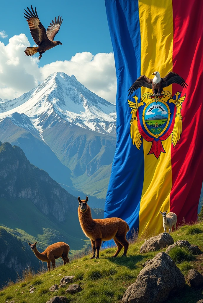 The flag of Ecuador that covers the entire right vertical side and the name of Ecuador in letters. In the other half of the image a landscape with the Ecuadorian mountain range with snowy peaks and animals such as condors and llamas