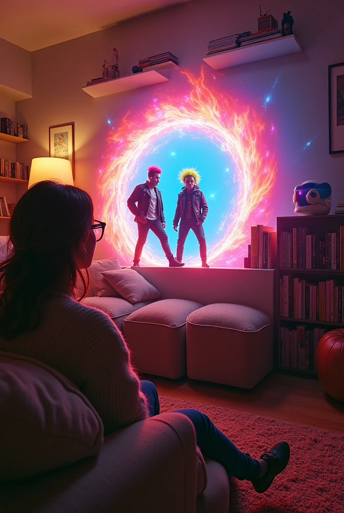 A woman sitting on a sofa with glasses looking towards a portal that opened in the living room,Inside the portal there are 2 punk teenagers and an alien in a musical battle 