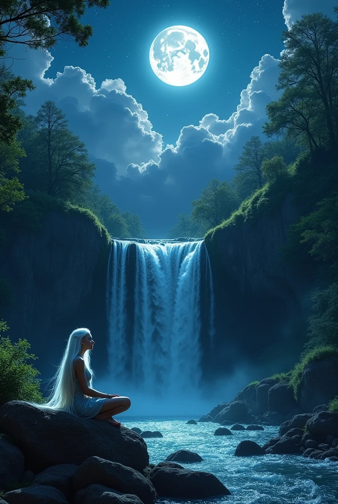 ((best quality))) (((HD))) (((8k))) (character) 20-year-old girl, ((adventurous)) elf, ((beautiful)) and ((happy)), ((white hair)) and ((long hair)), sitting by a waterfall in the forest. ((Night scene)) big moon glowing, shinning stars, fluffy vibrant clouds.