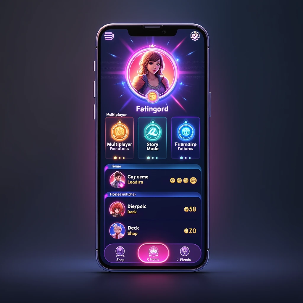 The application interface that contains the player&#39;s avatar, coin balance, position on the leaderboard, rating points. Below is the player menu Multiplayer, story mode, Friendly matches. At the bottom of the screen there is a quick menu with basic functions. Deck, shop, home, quick match,  Friends. Interface image in vertical design.