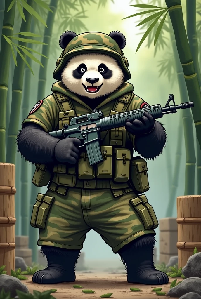 very warlike panda bear dressed as a soldier