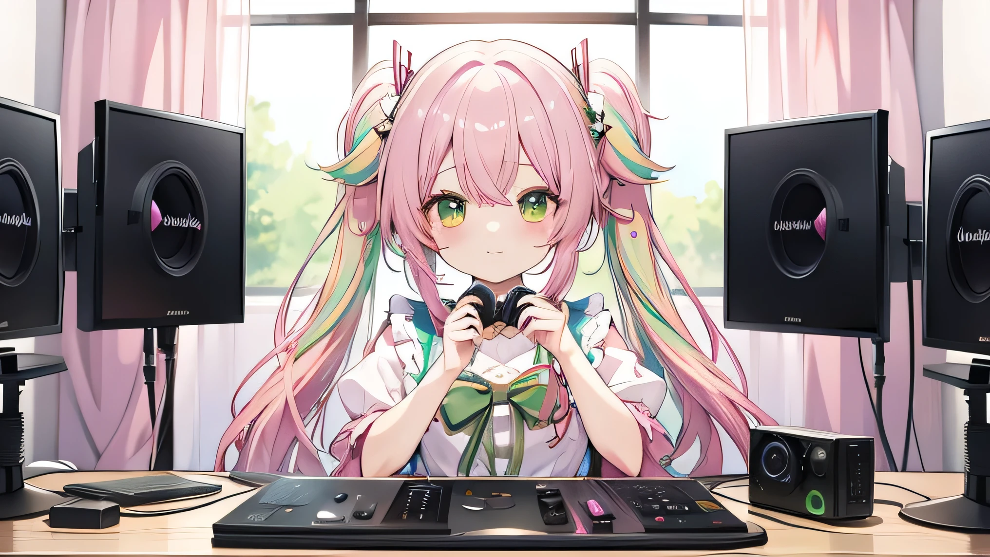 Distributor、pink and green hair、ribbon、Nanjamo、prism、monitor、Condenser microphone