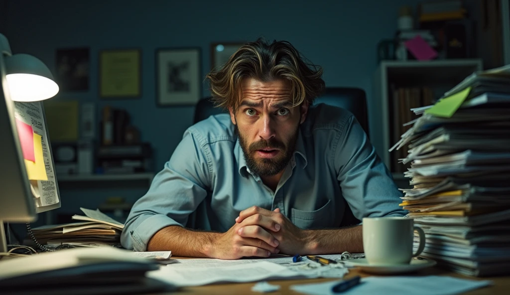 Generate an image of a stressed-out worker sitting behind a cluttered desk, with papers scattered all over. The worker should have a disheveled appearance, conveying a sense of being overwhelmed or frantic. The expression on his face should show his frustration or anxiety, with exaggerated features to emphasize his mental state. The overall scene should be chaotic, with the desk overflowing with documents, reflecting the worker's hectic situation.