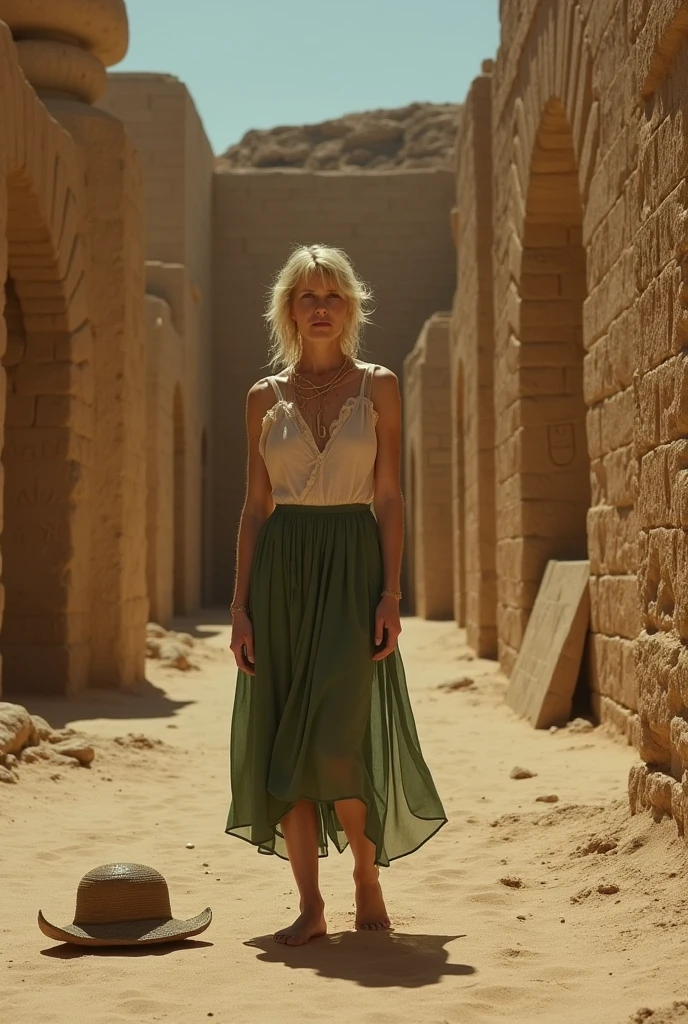 (sag)(Cate Blanchett, age 25, age 25, British Expedition hat on ground, Sheer white top torn open, Sheer green dress torn open, no underwear, tablet on ground, recoiling in fear, battered and bruised), desert ruins with hieroglyphs, a lesbian mummy (gorgeous female stripper covered in glyph tattoos and dingy bandage)