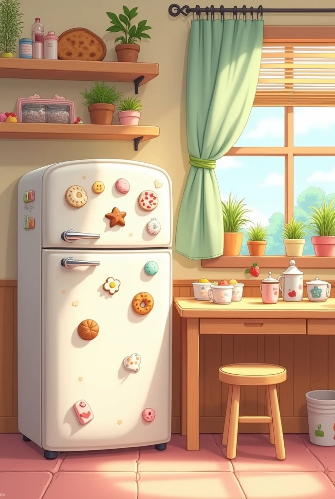 there is a cartoon kitchen with a refrigerator and a table, concept art by Kanbun Master, tumblr, conceptual art, designed for cozy aesthetics!, cozy home background, cute kitchen, 🍁 cute, cottagecore!!, cozy place, cozy cafe background, cute bakery shop, my home, kitchen, cozy environment, in a candy land style house, kitchen background