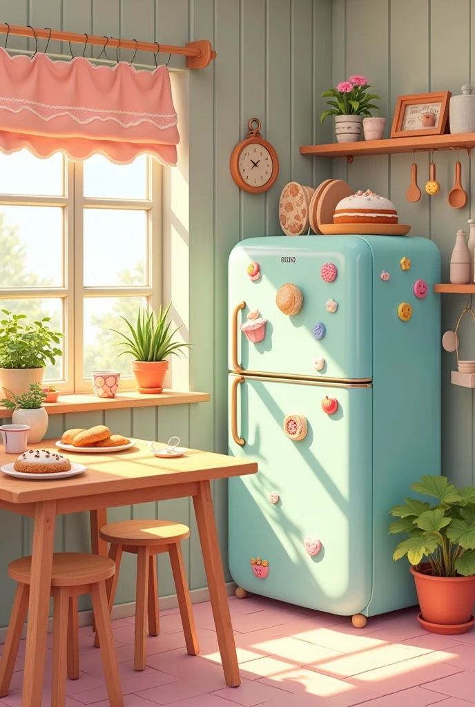there is a cartoon kitchen with a refrigerator and a table, concept art by Kanbun Master, tumblr, conceptual art, designed for cozy aesthetics!, cozy home background, cute kitchen, 🍁 cute, cottagecore!!, cozy place, cozy cafe background, cute bakery shop, my home, kitchen, cozy environment, in a candy land style house, kitchen background