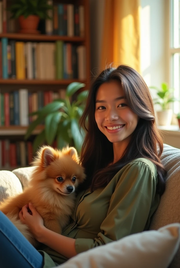 one , long dark hair, skin fair, with a smile on your face, wearing a green blouse and blue jeans, and holding a Palmerian Lulu dog on her lap