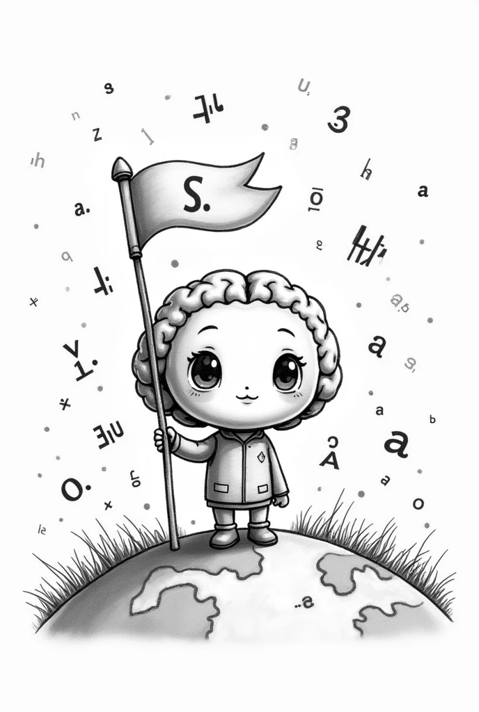 Create a black and white drawing with bhaskara formulas behind, with a cute brain without many details in chibi style stepping on a FLAT flat earth, holding a flag as if he were colonizing
