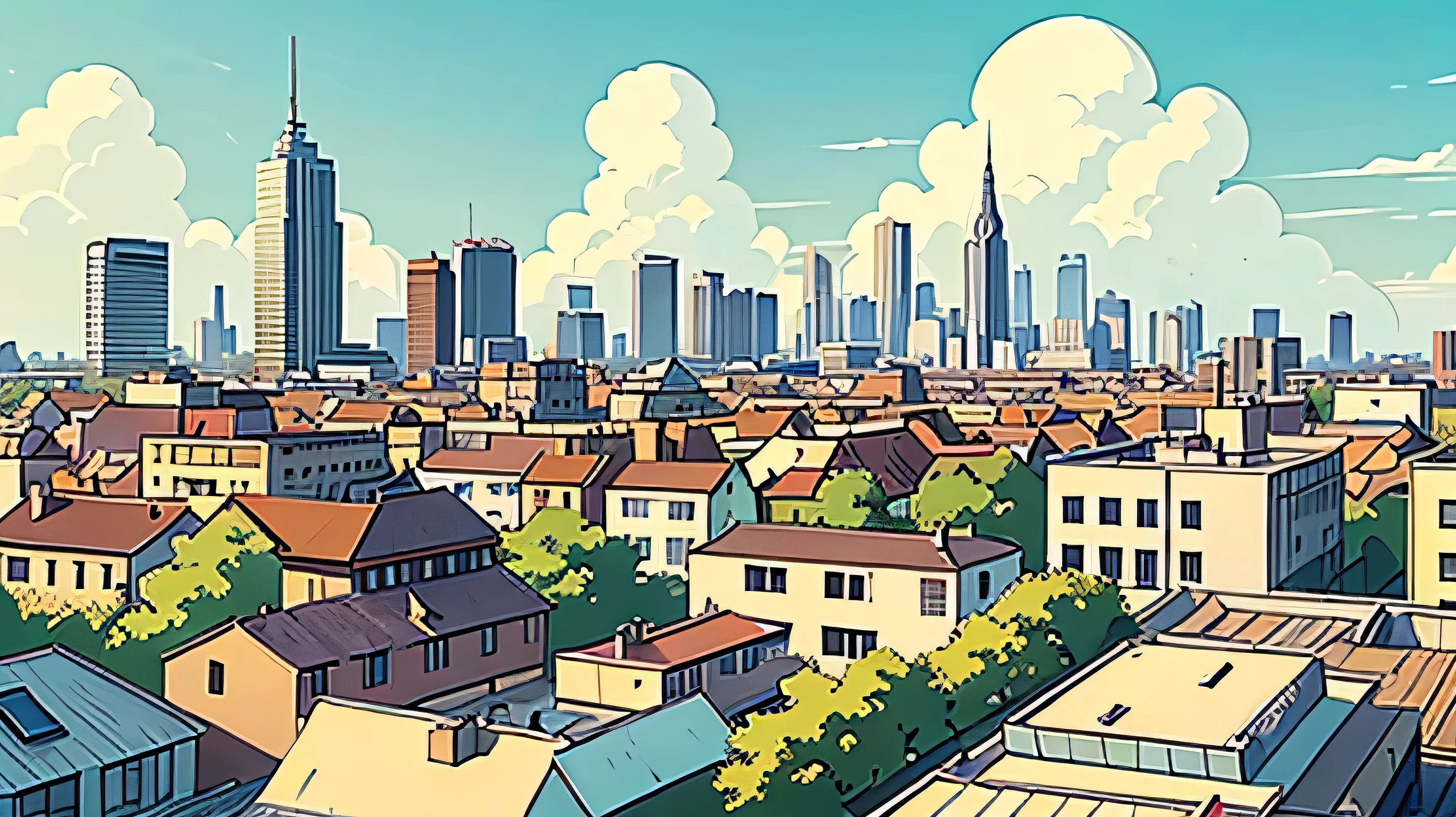 simple 2D anime style city, with distant buildings that are not noticeable, details, very simple, that does not have deformities