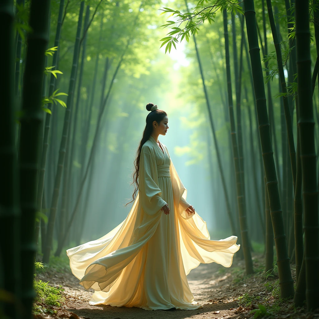 Traditional Chinese bamboo forests, historical stories, using environmental portrait techniques, combined with bamboo forests and characters dressed in traditional Chinese clothing, showcase the inheritance of culture, chinese style, cinematic still, dynamic movement, surreal, (best quality, masterpiece, photorealistic), very aesthetic, perfect composition, intricate details, ultra-detailed, vivid colors