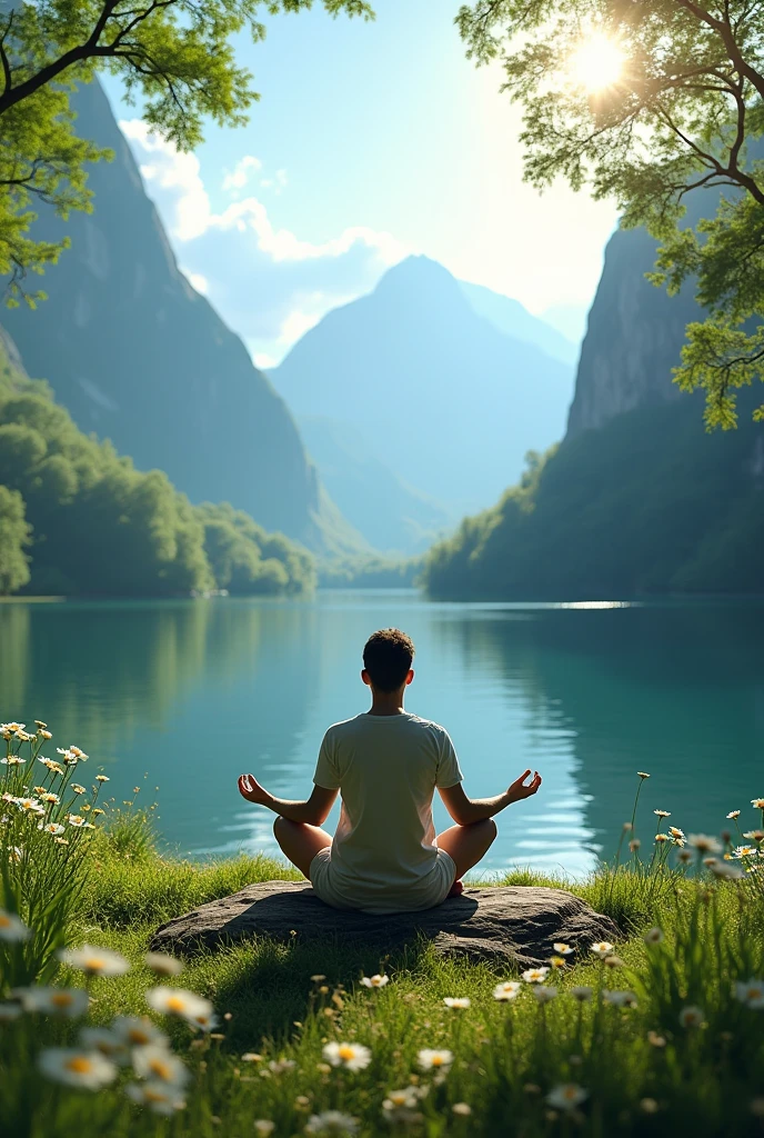 "A peaceful person meditating in a serene natural landscape, surrounded by lush greenery, mountains, and a calm lake, symbolizing the pursuit of inner joy and harmony in life." realistic.