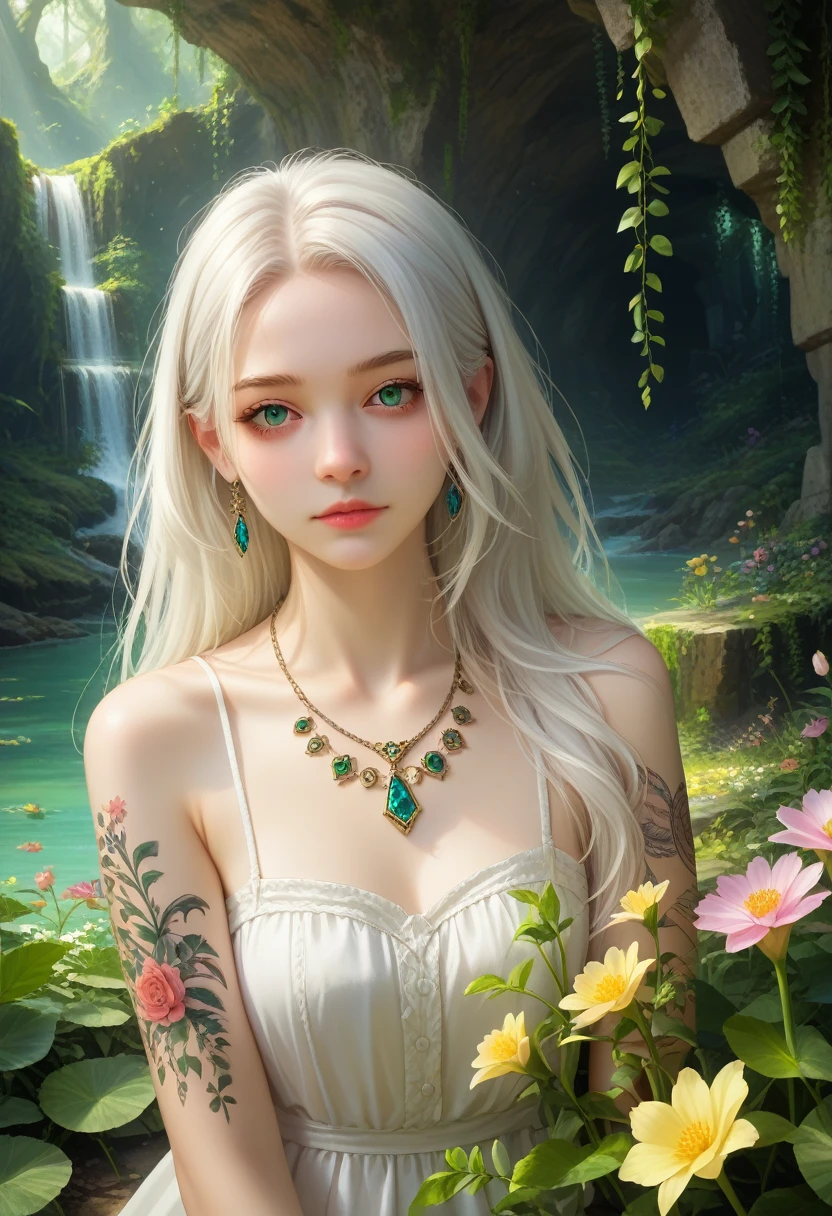 1 girl, One, WHITE_hair, tattoos, grotto, green, flowers, Beautiful, idyllic, exalted, absurdity, hyperrealism, textured, maximum_detail, DSLR camera score_9,score_8_up,score_7_up,masterpiece,best quality,perfect anatomy,very aesthetic,official art,8k